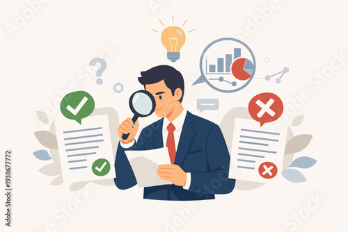 Businessman Using Magnifying Glass for Fact Checking and Data Verification, Analyzing Documents to Identify Truth from Lies, Concept of Research, Investigation, and Accurate Business Decisions.