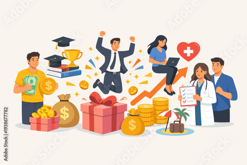 Employee Benefits and Compensation Package for Staff Motivation and Retention with Health Insurance, Bonuses, Education, Paid Vacation, Remote Work, and Career Growth Opportunities Illustration.