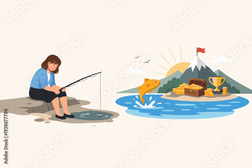 Sad Woman Fishing in Puddle Missing Big Opportunity of Treasure Chest Gold Fish and Success Mountain, Concept of Uninspired Employee Lacking Vision and Motivation for Corporate Growth and Wealth