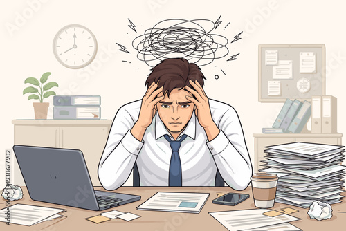 Stressed Businessman Overwhelmed by Heavy Workload and Deadlines in Office, Exhausted Male Employee Feeling Frustrated and Anxious with Too Many Tasks, Mental Health and Burnout Concept Illustration