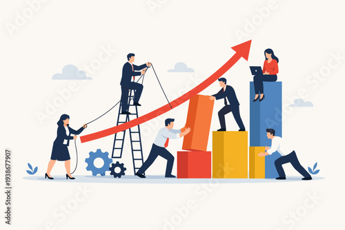Business teamwork for growth and success with professional people collaborating to build a bar chart and pull up a red arrow representing performance improvement, progress, and achievement.