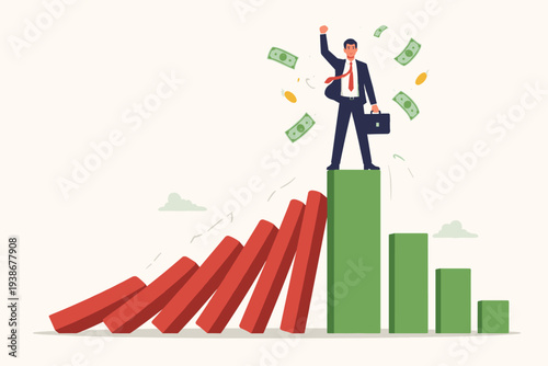 Successful businessman standing on top of a green bar chart while others fall like dominoes, representing market survival, economic resilience, financial growth, and winning business competition.