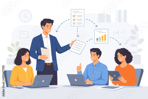 Professional manager delegating work assignments to diverse team members in office. Man distributing tasks to colleagues with checklist and chart icons for teamwork, productivity, and management.