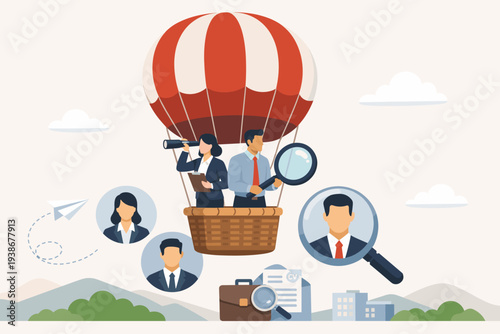 Recruitment and Hiring Concept with HR Professionals in a Hot Air Balloon Searching for New Candidates with Magnifying Glass and Telescope, Career Opportunity, Talent Acquisition, Employment.