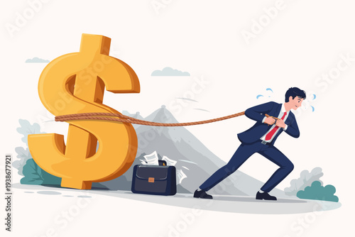 Businessman in Suit Straining to Pull a Giant Gold Dollar Sign with a Rope, Representing Hard Work for Money, Financial Burden, Tax Pressure, Investment Effort, and Economic Struggle Concept