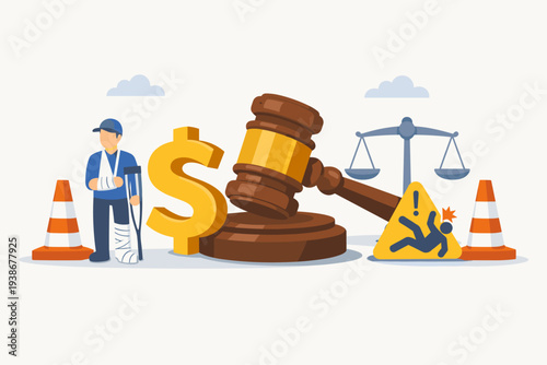 Workers' compensation insurance concept with injured employee on crutches, judge gavel, dollar sign, and scales of justice representing legal benefits, wage replacement, and medical coverage for