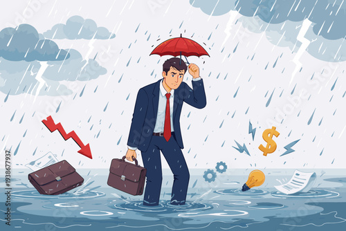 Businessman in suit holding small red umbrella in heavy rain storm with lightning, standing in flood with sinking briefcase, lightbulb, and dollar sign, concept of business failure and risk.