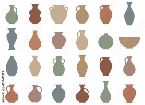Collection of ceramic pottery vases and amphora silhouettes isolated on transparent background