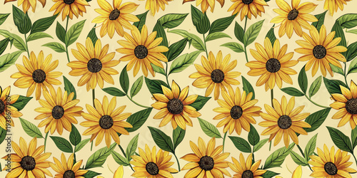 Bright yellow sunflowers arranged in a repeating floral pattern against a light background Vector