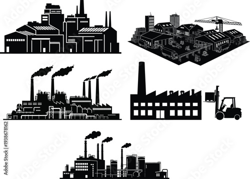 Industrial factory buildings and cityscape silhouettes