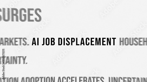 AI job displacement and workforce automation crisis headlines in dynamic animation with newspaper match cut typography effect showing mass unemployment and economic disruption alert