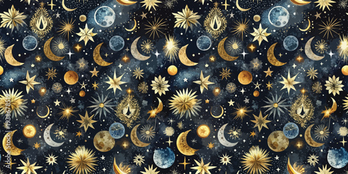Celestial patterns with moons, stars, and planets in a cosmic night sky design Vector