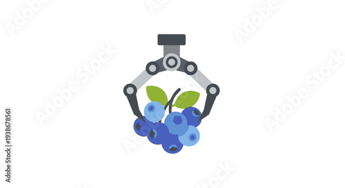 Robotic hand holding blueberries with leaves.
