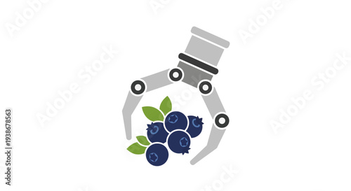 Robotic arm holding blueberries with leaves.