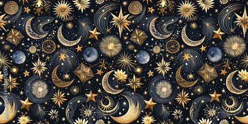 Celestial patterns with golden stars and crescents on cosmic dark background Vector