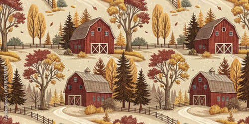 Charming autumn countryside with rustic red barns and colorful foliage Vector