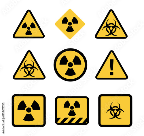 Radiation and biohazard warning signs set, yellow hazard danger safety symbols vector illustration isolated on transparent background