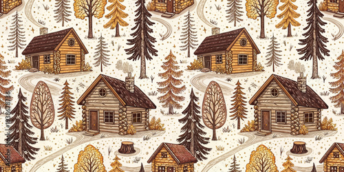Charming rustic log cabins nestled among snow-covered pine trees in a winter wonderland setting Vector