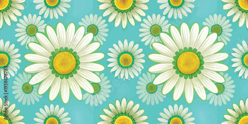 Charming white daisies with yellow centers on a light blue repeating pattern background Vector