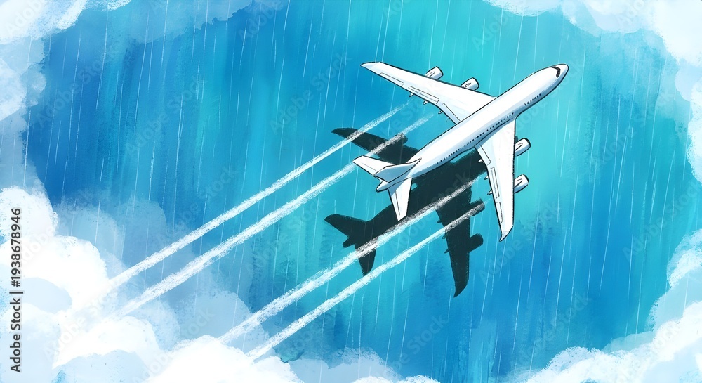 Fototapeta premium 青空を飛ぶ飛行機と影のコントラスト