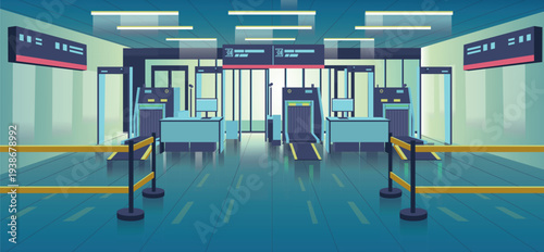 Modern airport security checkpoint interior with multiple baggage screening machines and metal detectors. The scene shows an organized inspection area 