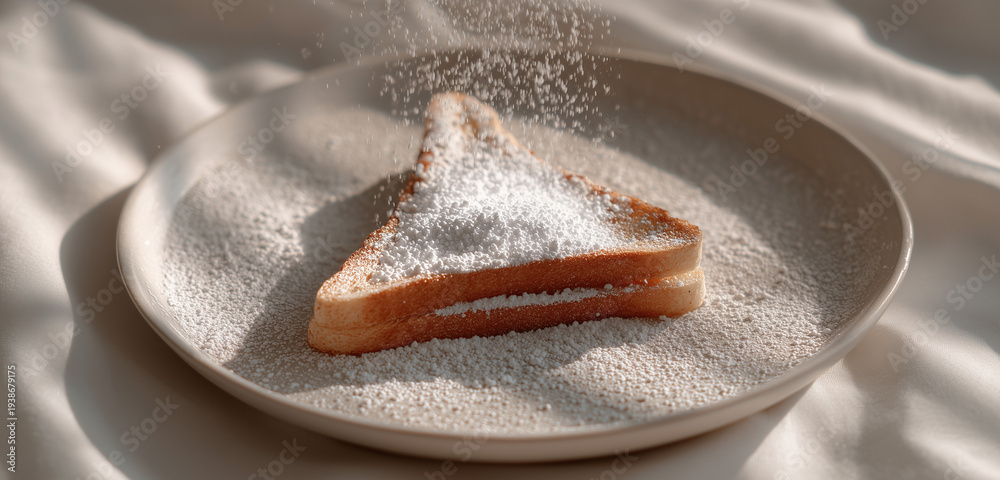 Fototapeta premium Triangle Toast Powdered Sugar White Plate Minimalist Breakfast Healthy Eating Morning Routine Simplicity Culinary Art Concept