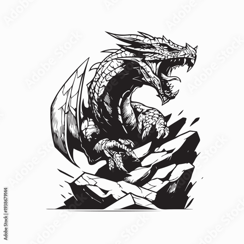 Angry Dragon Destroying Rocks And Stones Vector Illustration