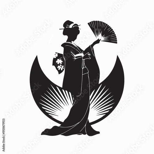 Elegant Geisha Woman With Traditional Fan Silhouette Vector