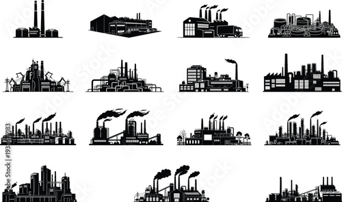 Industrial factory buildings and manufacturing plants silhouette collection
