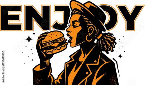 Cool Woman Biting Hamburger Bold Silhouette Vector Art