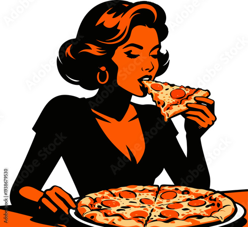 Stylish Girl Enjoying Tasty Pizza Black Orange Silhouette Vector