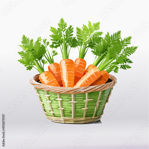 Fresh Carrots in Green Wicker Basket.