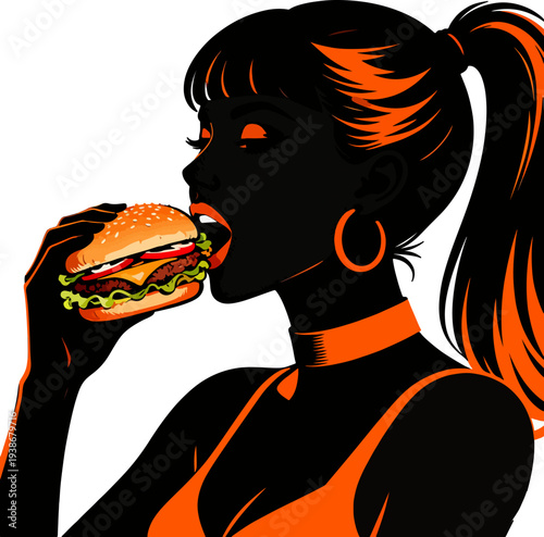 Stylish Girl Enjoying Hamburger Black Orange Silhouette Vector