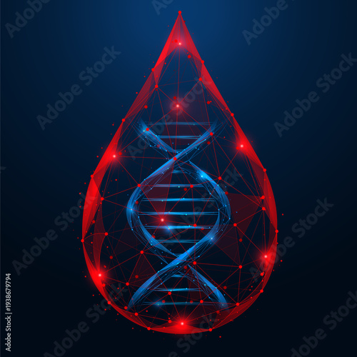A red drop of blood with a DNA spiral inside. The concept symbolizes genetic information, biotechnology, and the analysis of biological data.