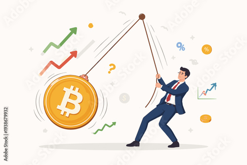 Businessman struggling to control a large swinging Bitcoin pendulum, symbolizing cryptocurrency market volatility, investment risk, price fluctuations, financial speculation, and uncertainty.
