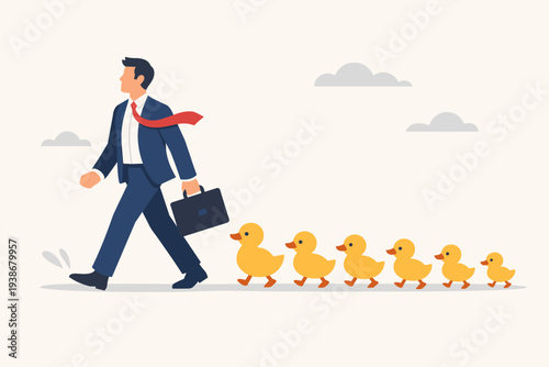 Businessman in suit walking with briefcase followed by a line of yellow ducklings, metaphor for leadership, guidance, team motivation, influence, success, and corporate mentorship vector art.
