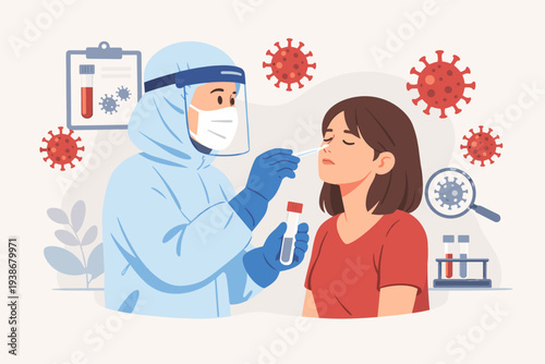 Medical professional in full PPE hazmat suit and face shield performing a COVID-19 nasal swab test on a patient for coronavirus diagnosis, healthcare and pandemic prevention concept vector.
