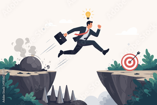 Businessman jumping over a dangerous cliff gap with spikes to reach a target goal, symbolizing smart thinking, overcoming obstacles, business risk management, innovation, and career success.
