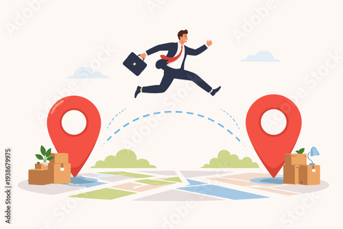 Businessman jumping between map location pins for business relocation and office move concept. Professional transfer to new address, career growth, corporate logistics, and company transition.