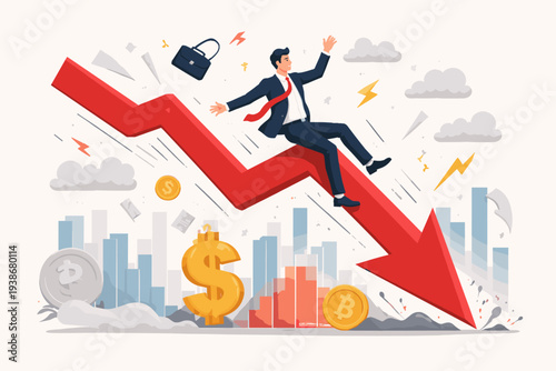 Stock Market Crash and Financial Crisis Concept with Businessman Sliding Down a Falling Red Arrow Representing Economic Recession Investment Risk Cryptocurrency Volatility and Global Inflation