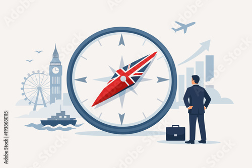 Businessman looking at compass with Union Jack flag representing UK economic direction after Brexit, trade agreements and policy to drive growth in England with London landmarks background.