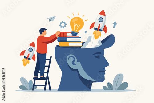 Upskill and Learn New Things for Career Growth, Knowledge Development for New Skills and Improving Job Qualifications, Man Putting Books and Lightbulb in Open Head with Launching Rockets Illustration