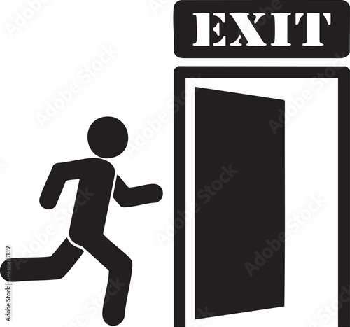 Running person icon exiting through an open door with EXIT sign simple vector illustration for safety and emergency concepts