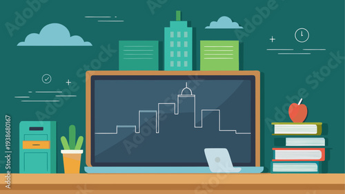 Vector illustration of a laptop on a desk with school supplies and cityscape