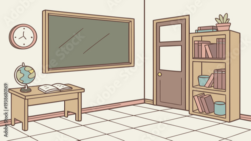 Vector illustration of a classroom interior with furniture and educational elements