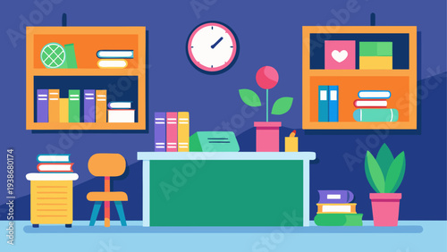 Vector illustration of a colorful home office interior with desk, bookshelves and plants