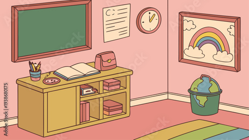 Vector illustration of a colorful classroom corner with desk, blackboard, and educational decorations
