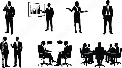Professional business silhouette set featuring male and female executives leading presentations analyzing financial charts talking on phones and collaborating in formal corporate meetings