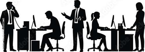 Professional business silhouette set featuring male and female executives working at desks using computers talking on phones and collaborating in a busy office