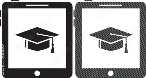 Two mobile devices displaying graduation caps icons on their screens